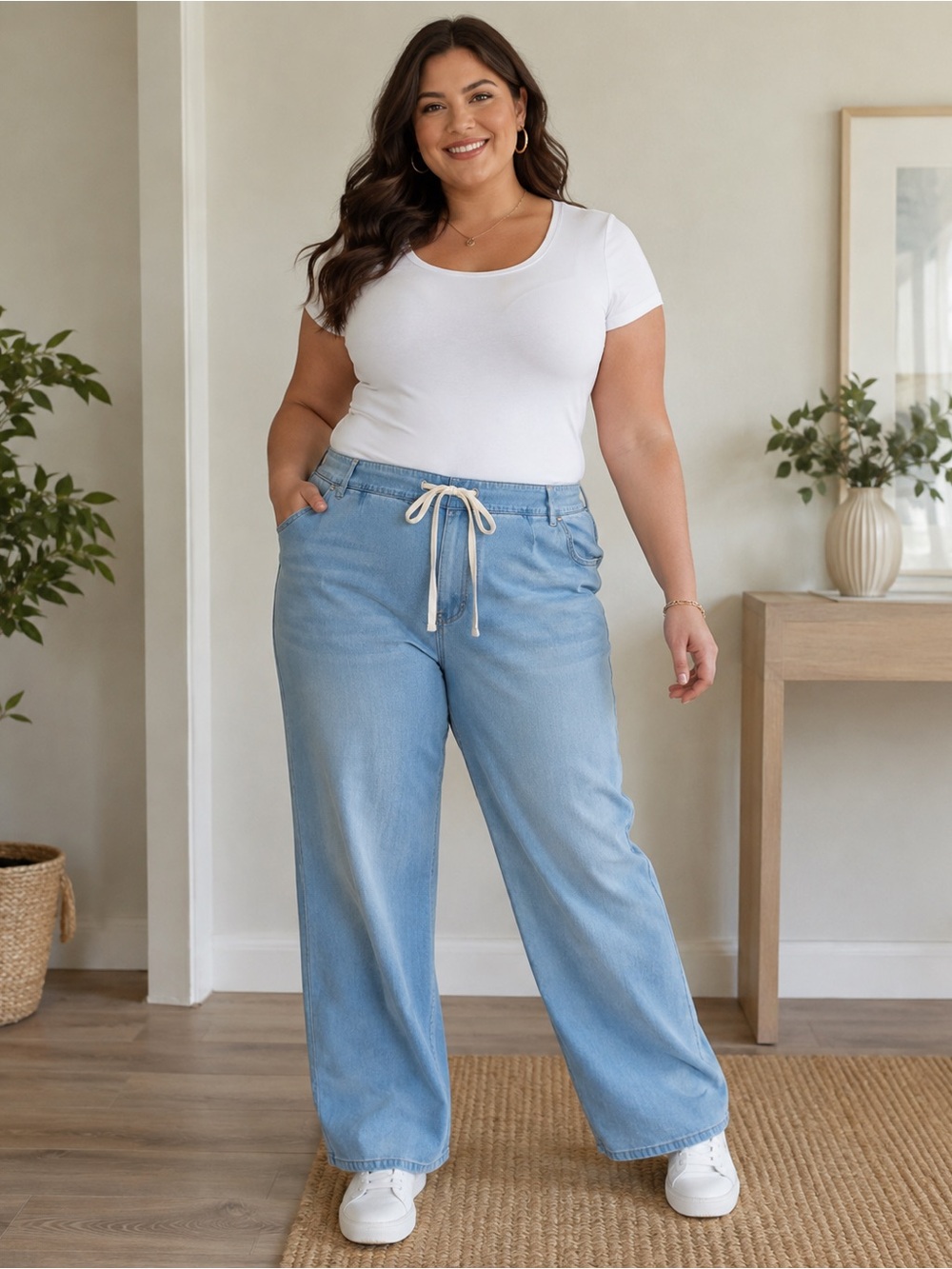 d.jeans New York Plus Size 18W Light Wash Drawstring Wide Leg Jeans